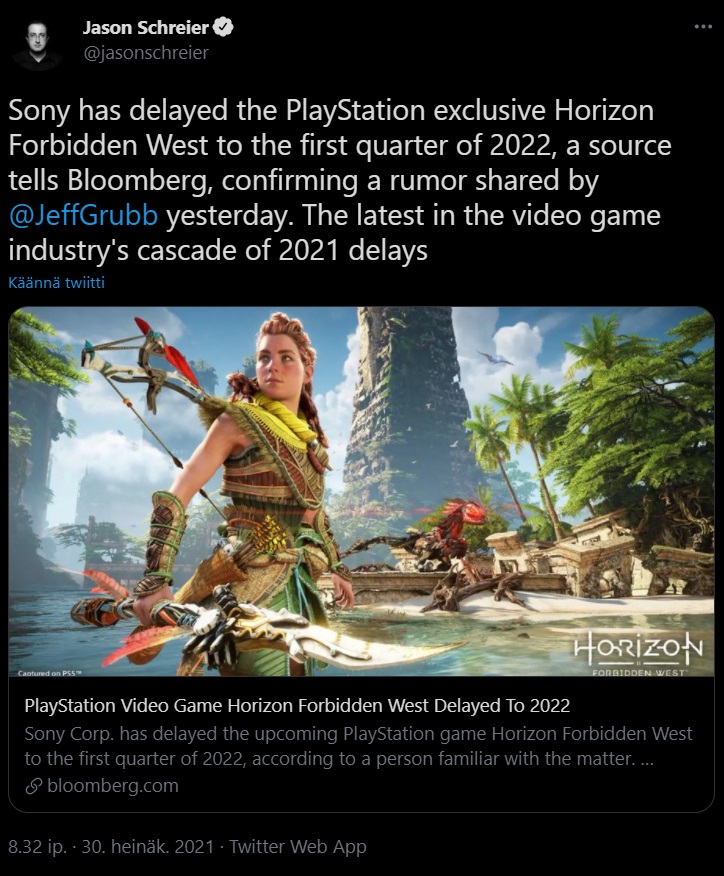 PlayStation Video Game Horizon Forbidden West Delayed To 2022 - Bloomberg